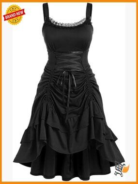 Gothic Lace Trim Lace-up Ruched High Low Midi Dress Plus Size